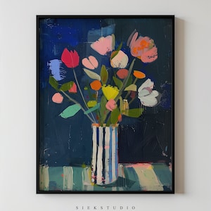 May include: A painting of a bouquet of colorful flowers in a striped vase. The flowers are pink, red, yellow, orange, and white. The vase is blue and white with vertical stripes. The background is a dark blue.