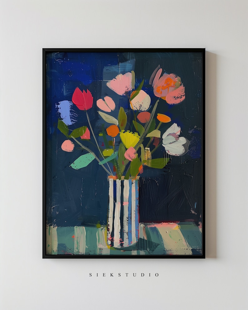 May include: A painting of a bouquet of colorful flowers in a striped vase. The flowers are pink, red, yellow, orange, and white. The vase is blue and white with vertical stripes. The background is a dark blue.