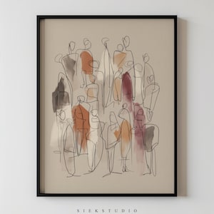 Peut inclure: Impression d'art abstrait représentant une foule de personnages dans un style minimaliste. L'œuvre utilise une palette de couleurs neutres avec des accents de rouille, de pêche et de bordeaux. Les personnages sont soulignés en noir, avec le texte "SIEK STUDIO" en bas.