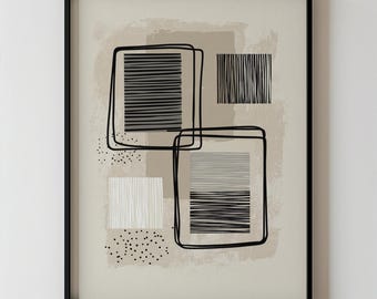 Modern Abstract Geometric Printable Minimalist Line Drawing And Black Square Blocks Shape Wall Art, Neutral Contemporary Grid Decor 152