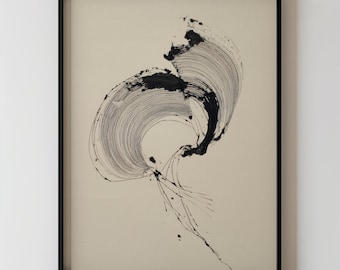 May include: Abstract black ink painting on a beige background, framed in a black border. The artwork features dynamic brushstrokes and a flowing, circular design. The text "SIEK STUDIO" is printed at the bottom of the frame.