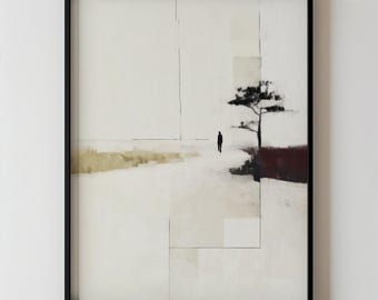 Abstract Lone Figure Tree Print, Contemporary Black Beige Block Landscape Artwork, Modern Bedroom Minimalist Decor, Printable Wall Art 924