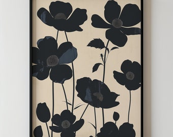 Black Flower Silhouette Minimalist Floral Art Print Modern Wall Art Neutral Beige Background Abstract Botanical Printable Contemporary Decor