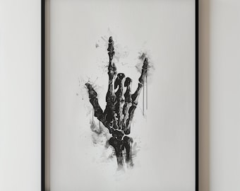 Gothic Rock On Skeleton Hand Art, Halloween Wall Decor, Black and White Rocker Skeleton Illustration Spooky Art Printable Dark Aesthetic Art