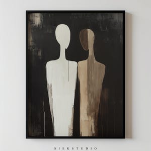 May include: Abstract painting of two figures, one white and one brown, against a dark background. The figures are stylised and simplified, with no facial features. The painting has a minimalist aesthetic and is framed in black.