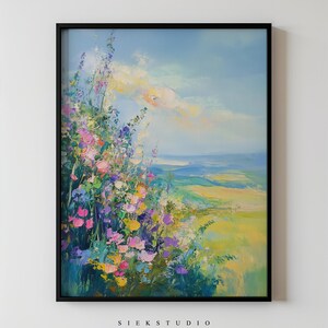Lebendige Blumenlandschaft, impressionistischer Wildblumendruck, bunte Wiese Wandkunst, romantische Natur Botanische Frühlingsdekoration, digitaler Download