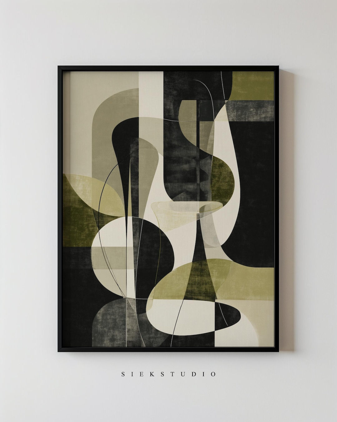 Mid Century Modern Abstract Wall Art, Olive Green and Black Geometric ...