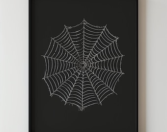 Gruselige Spinnennetz Kunst zum Ausdrucken, Schwarzweiß-Halloween-Wandkunst, ästhetisches minimalistisches Gothic-Dekor, Herbst-Halloween-Dekor zum Herunterladen