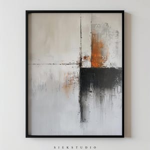 May include: Abstract painting with a black, white, and orange color scheme. The painting is divided into four sections, with the top left and bottom right sections being white, the top right section being orange, and the bottom left section being black.