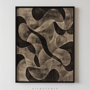 May include: Abstract art print with a black and brown color scheme. The print features a series of overlapping, curved lines that create a sense of movement and depth. The print is framed in a black frame.