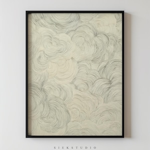 Puede incluir: Una obra de arte enmarcada con un patrón arremolinado en forma de nube en tonos grises y crema. El diseño abstracto está compuesto por numerosas líneas curvas, creando un efecto texturizado. La obra está en un marco negro, con el texto "SIEK STUDIO" en la parte inferior.