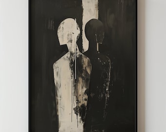 ミニマリストの抽象的な人物、黒とベージュの絵画、印刷可能なモダンな幾何学アート、現代的なテクスチャのある壁アート、ダウンロード可能なホームデコレーション