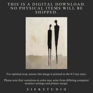 May include: Abstract painting of two figures in black against a beige background. The figures are standing side-by-side, with the taller figure on the right. The painting has a minimalist style.