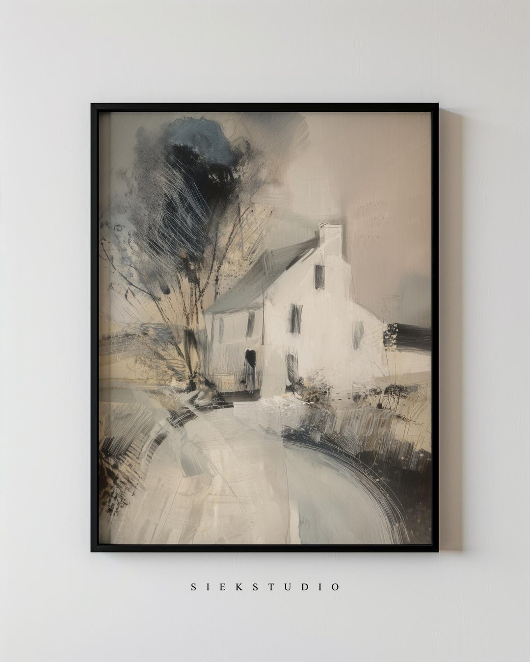 Minimal Cottage House Print, Neutral Abstract Countryside Landscape ...