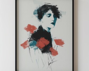 Abstract Flowers Woman Portrait Wall Art, Modern Floral Fashion Female Fashion Print, Botanical Scandinavian Decor, Digital Download 910