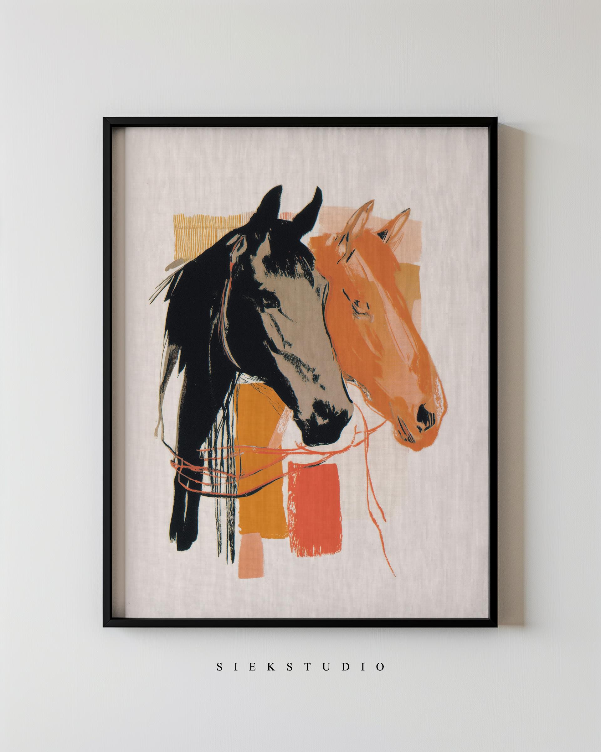 馬の水彩画 オレンジと黒 抽象的な馬の壁アート、モダンなオレンジと黒のプリントの馬の絵画