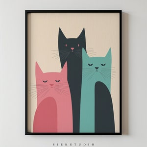 Modern Cat Art Print Colorful Minimalist Cat Trio Cute Pink and Teal Trendy Cats Wall Decor Contemporary Animal Wall Art for Cat Lovers Gift
