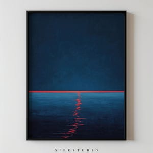 Może przedstawiać: Oprawiony wydruk grafiki abstrakcyjnej. Obraz przedstawia ciemnoniebieskie gradientowe tło z poziomą czerwoną linią i czerwonymi odbiciami. Tekst "SIEK STUDIO" znajduje się na dole.