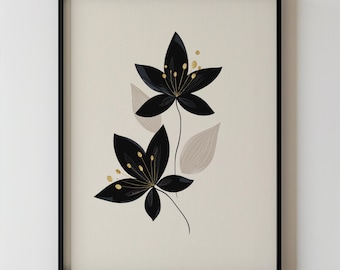 Modern Abstract Black And Beige Flower Printable Minimalist Botanical Floral Wall Art, Contemporary Neutral Home Art Printable Decor 291