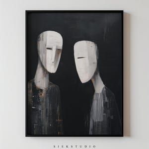 Modern Abstract People Printable Minimalist Black And White Faces Wall Art, Emotional Contemporary Living Room Decor Figurative Drawing 58