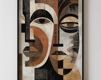 African Abstract Wall Art, Tribal Cubist Faces Printable In Earthy Neutrals For Contemporary Cultural Decor 432