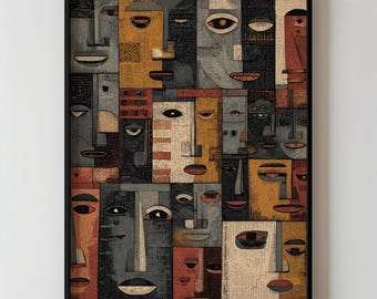 African Faces Wall Art, Abstract Cubist Portrait Grid Printable In Earthy Neutrals For Gallery Walls, Cultural Statement Decor 436