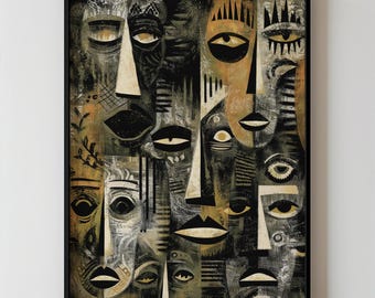 African Mask Inspired Wall Art, Abstract Cubist Faces Print In Neutral Earth Tones For Modern Cultural Home Decor Download 430