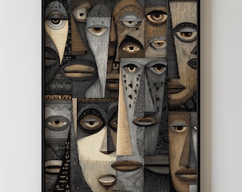 African Tribal Wall Art, Abstract Cubist Faces Print With Repeating Eyes For Modern Cultural Home Decor Download 438