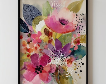 Colorful Botanical Wall Art, Bright Abstract Floral Printable Modern Watercolor Flower Artwork for Bedroom or Living Room Decor Download 529