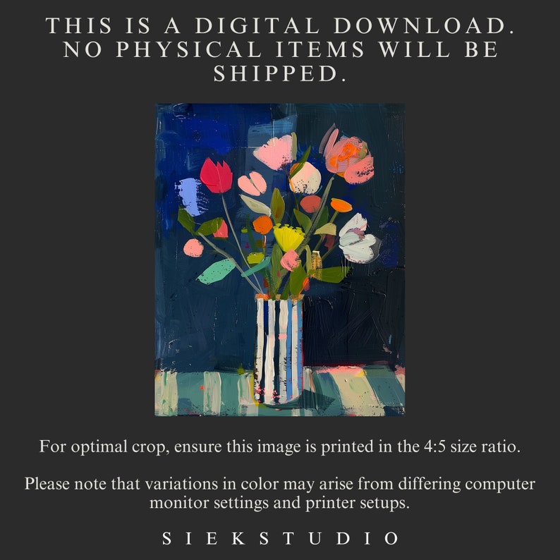 May include: A colorful bouquet of flowers in a blue and white striped vase on a green and white striped table. The background is a dark blue.