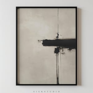 May include: Abstract art print in a black frame. The artwork features a beige background with a thick black horizontal brushstroke and vertical lines. The text "SIEKSTUDIO" is at the bottom.