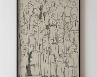 抽象的な比喩的なスケッチの黒い線画の印刷可能なミニマリストニュートラルな人々の壁アート、モダンな黒とベージュの現代的な壁アート226