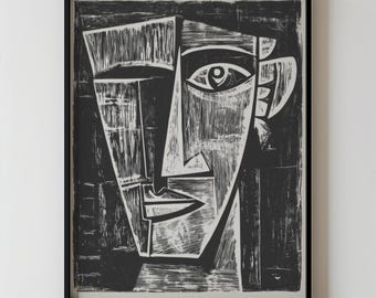 Abstraktes minimalistisches figuratives Gesichtsporträt druckbare moderne Schwarzweiss-Wand-Kunst, zeitgenössische expressionistische Hauptkunstwerk-Dekor 213