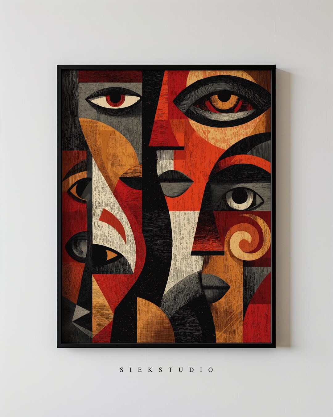 Bold Abstract African Portrait Wall Art, Cubist Face Print in Red Black ...
