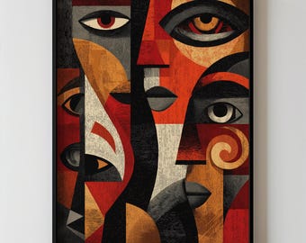 Bold Abstract African Portrait Wall Art, Cubist Face Print In Red Black And Earth Tones For Modern Contemporary Decor Download 429