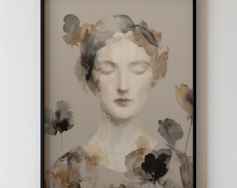 Floral Woman Portrait Print Art, Minimal Contemporary Botanical Feminine Face Artwork, Modern Bedroom Wall Decor, Printable Art 948