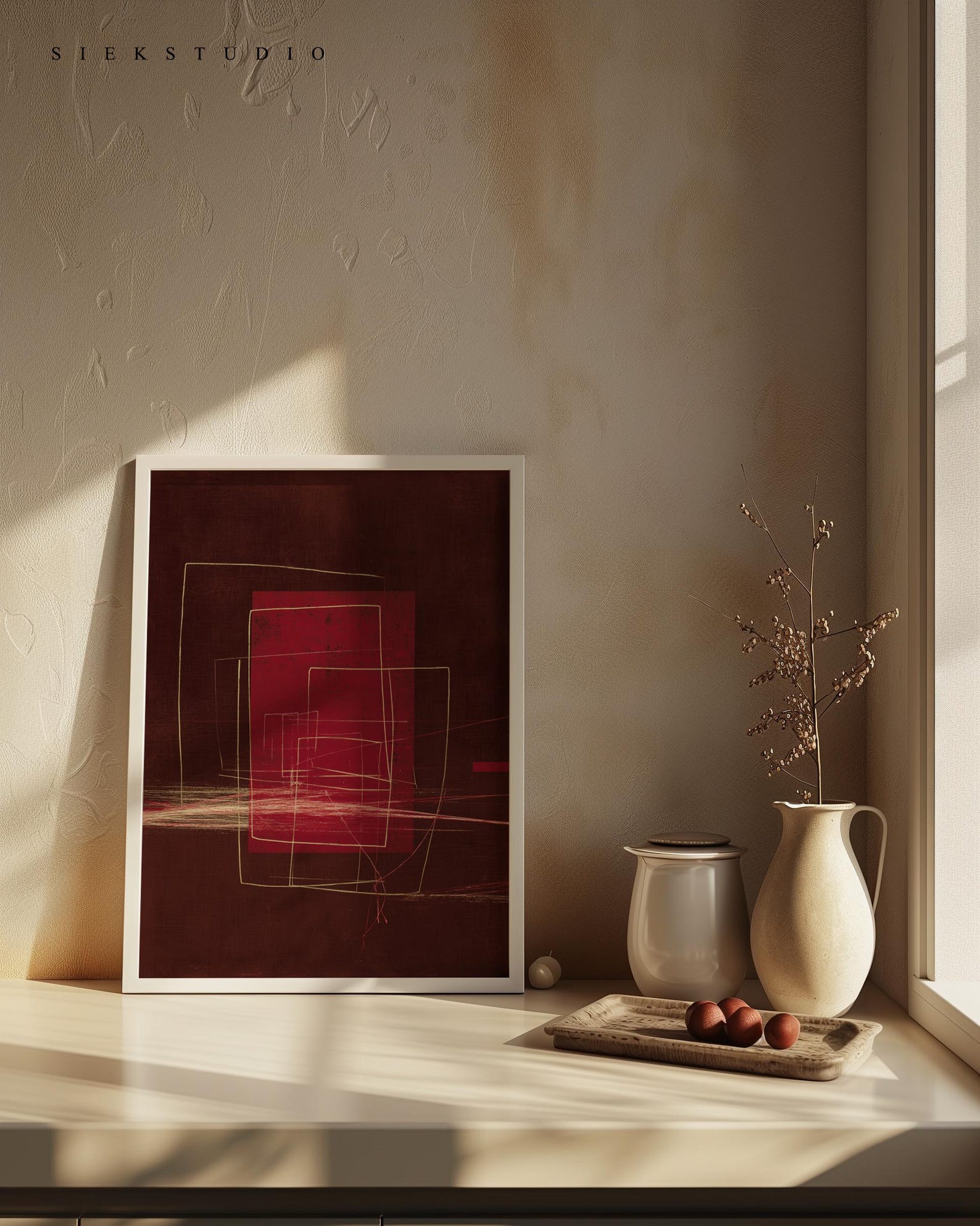 Abstract Modern Burgundy Red Block Wall Art Printable Minimalist Lines ...