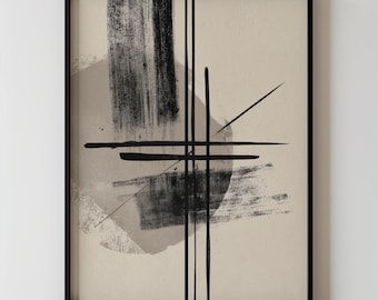 Modern Abstract Bold Line Art, Brushstroke Shapes Minimalist Black And Beige Geometric Contemporary Painting Living Room Decor Printable 103