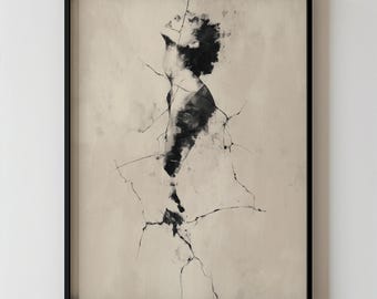 Modern Abstract Feminine Art, Minimalist Line Figure Drawing Printable Neutral Black Beige Line Artwork, Expressive Female Form Wall Decor