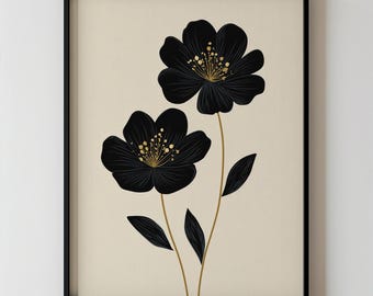 Minimalist Black Flower Painting Modern Abstract Floral Botanical Wall Art, Contemporary Neutral Home Printable Wall Decor 293