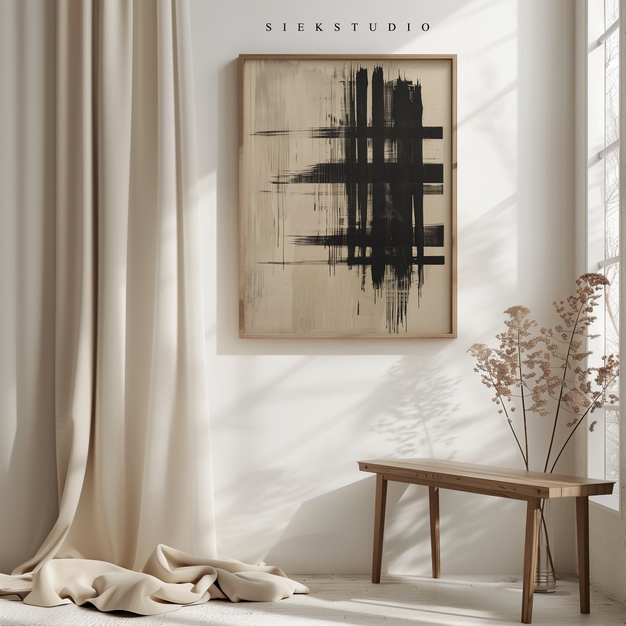 Geometric Abstract Line Art, Black Lines on Beige, Minimalist Brush ...