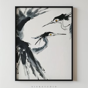 Kranich Aquarelldruck Japanische Kunst, Elegante Reihermalerei, Trendiges Vogelplakat Vintage Tierwandkunst, minimalistische Galeriewandkunstdekor