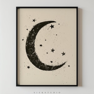 Minimalistische Kunst Mond und Sterne, Celestial Wall Print, Gothic Art des Nachthimmels, Monddekor Boho Mond Art Sternennacht Poster Mystisches Wohndekor