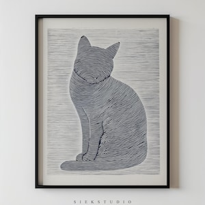 Abstract Minimalist Cat Animal Line Drawing, Modern Black Cat Illustration Printable Neutral Contemporary Wall Art for Living Room Decor 117