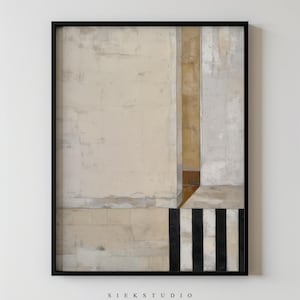 May include: Abstract art print in a black frame. The artwork features a neutral color palette with beige, tan, and white tones. Vertical and horizontal geometric shapes are present, with a section of black and white vertical stripes at the bottom. The text "SIEKSTUDIO" is at the bottom.