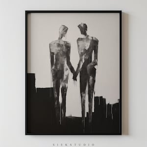 Modern Abstract Couple Wall Art, Minimalist Black And White Figures Printable, Emotional Neutral People Contemporary Decor Artwork 51