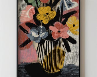 Abstract Bouquet Art Print, Contemporary Colorful Flower Vase Gouache Painting, Modern Scandinavian Room Decor, Downloadable Artwork 765