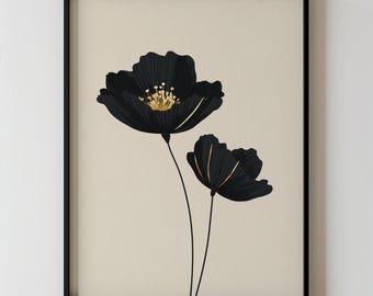 Abstract Minimalist Botanical Flower Painting, Modern Black And Beige Floral Wall Art, Printable Contemporary Home Wall Decor 290