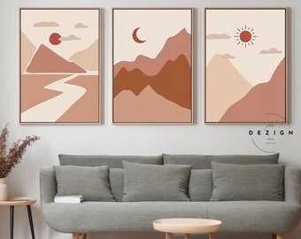 Conjunto de arte de pared imprimible de 3, arte de pared de sol y luna, arte de pared de terracota, arte de pared moderno de mediados de siglo, arte de montaña minimalista, arte de paisaje