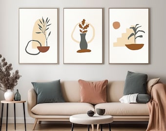 Arte de pared boho moderno, juego de galería de arte de pared, impresión de 3 juegos, impresión de tonos neutros, arte de sala de estar, descargas de impresión de arte digital